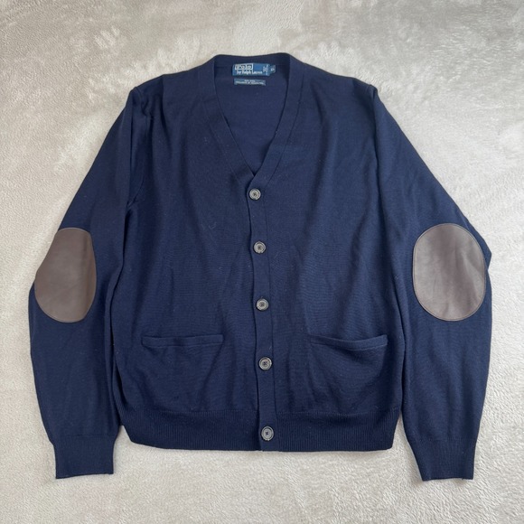 Vtg Polo Ralph Lauren Sweater Mens XL Blue Preowned Wool Cardigan Elbow Patch - Picture 1 of 7